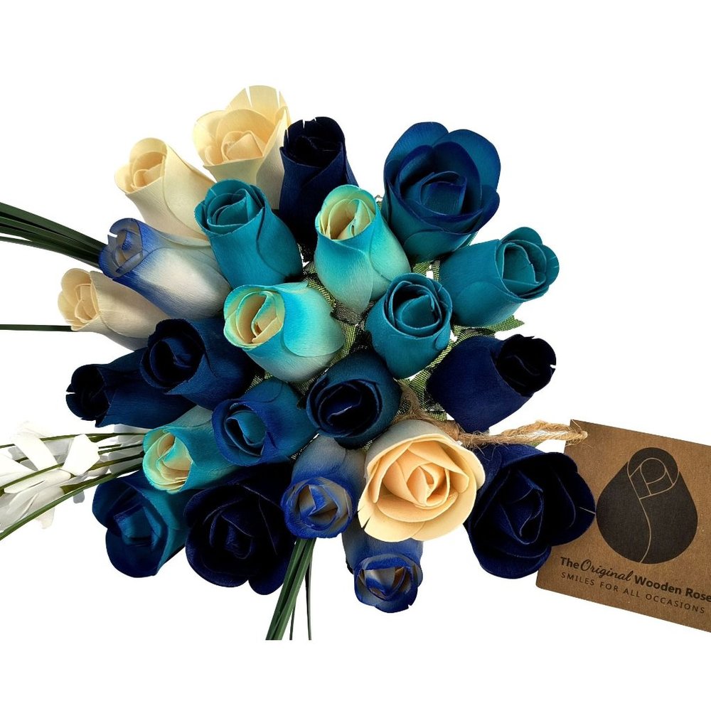 2 Dozen Deluxe Blue Berries and Cream Flower Bouquet. The Original Wooden Rose.